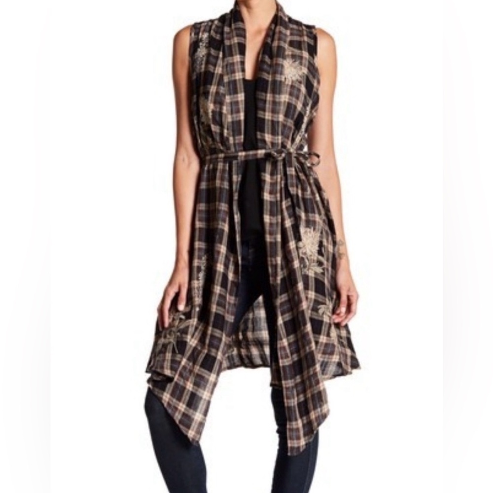 Johnny Was 3J Workshop Gavin Plaid Embroidered Wrap Vest Belted Long Small